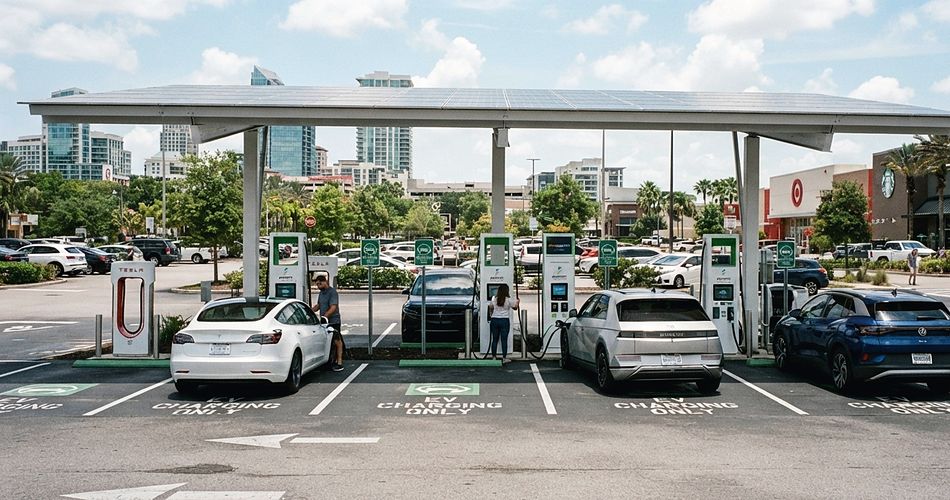 Commercial EV charging plaza under a solar canopy with vehicles charging